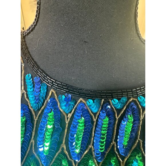 Vintage Sequin Peacock Feather Top Black Silk Blouse By Tenay Heavily Beaded - Picture 12 of 12